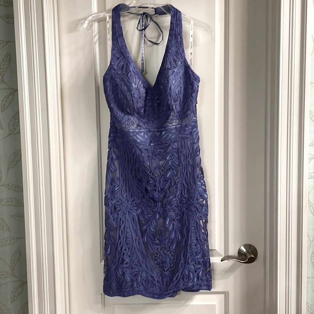 NWT Sue Wong Periwinkle Embroidered Halter Cocktail Dress